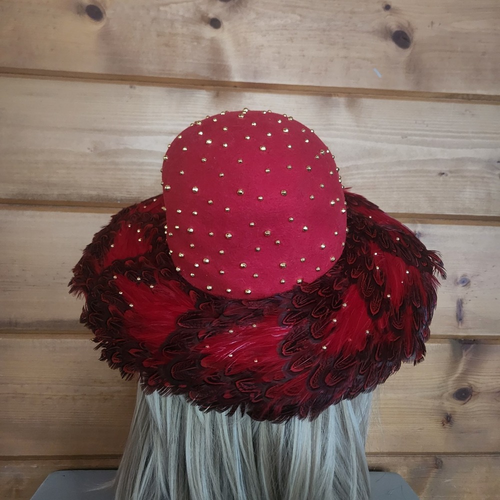 Mr. John Moderne Vintage Red 100% Felt Wool Feather Studs Wide Brim Hat USA RARE